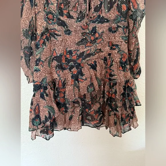 Ulla Johnson Cecily Ruffled Printed Fil Coupé Silk Blend Chiffon Mini Dress Sz:6